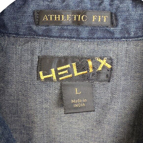 Helix Mens Denim Shirt Pearl Snap Graphic Long Sleeve Collared Button Size L Y2K - Picture 6 of 8